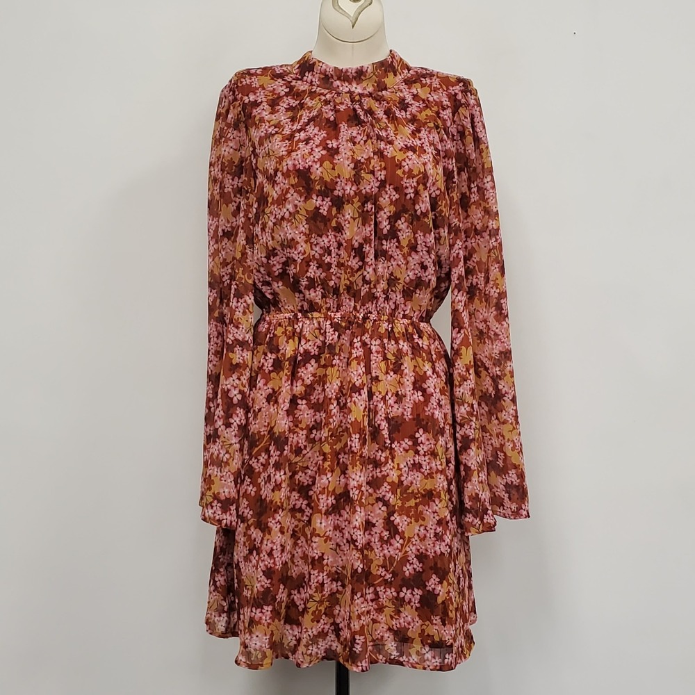 Vici Womens Flare‎ Sleeve Open Back Boho Floral Dress Size S Red High Neck Boho